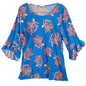 Escapada blue coral ocean beach seaside ruffle sleeve top. Size XL